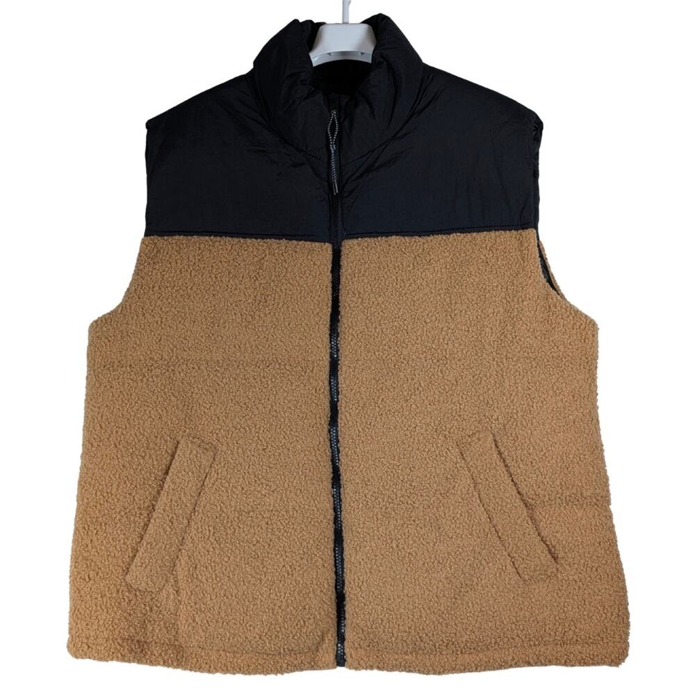 Wild Fable Sherpa Puffer Vest Brown Fleece Black Full Zip Up Women’s Size L NWT